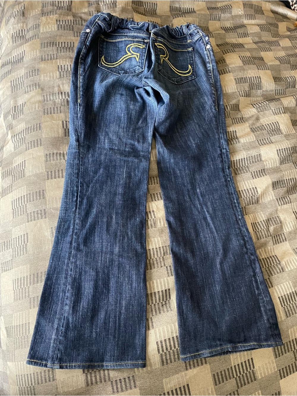 Rock & Republic Maternity Dark Blue Flared Jeans with Yellow Back Stitching